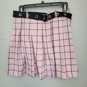 Hot Topic Medium Pink Black Plaid Pleated Mini Skirt Belt School Girl Grunge